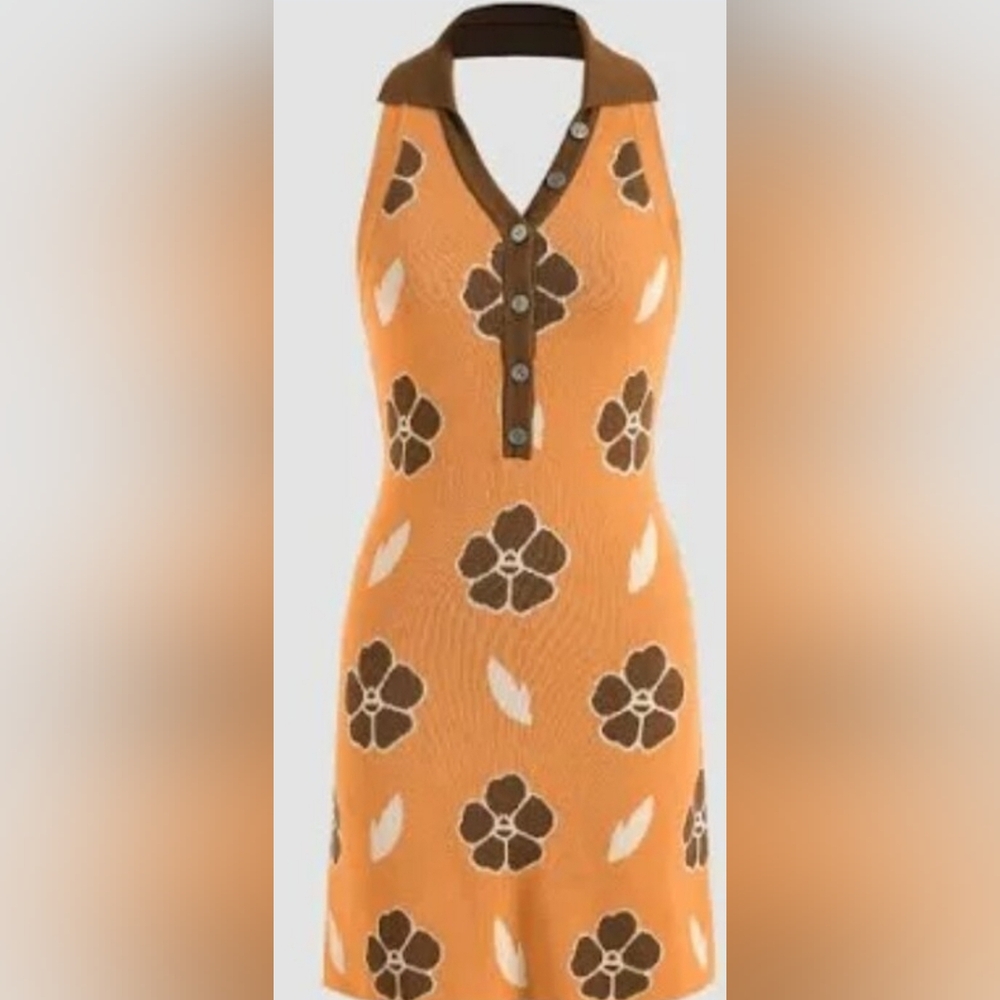 Cider Large Retro Floral Halter Neck Scoop Back Mini‎ Stretch dress